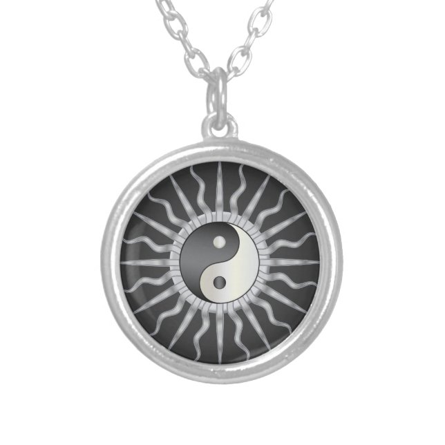 Black Starburst Yin Yang Silver Plated Necklace (Front)