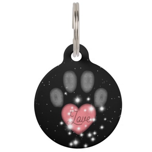 Black Starlight Pink Heart Dog Paw Print Cute Pet ID Tag