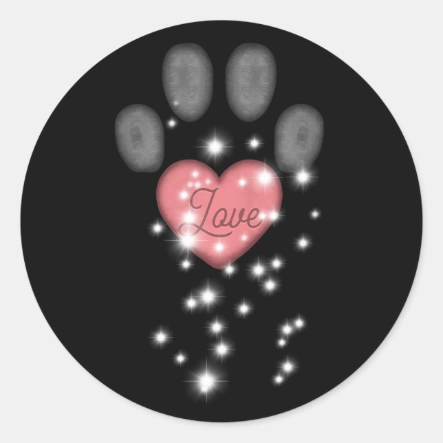 Black Starlight Pink Heart Dog Paw Print Pet Name Classic Round Sticker (Front)