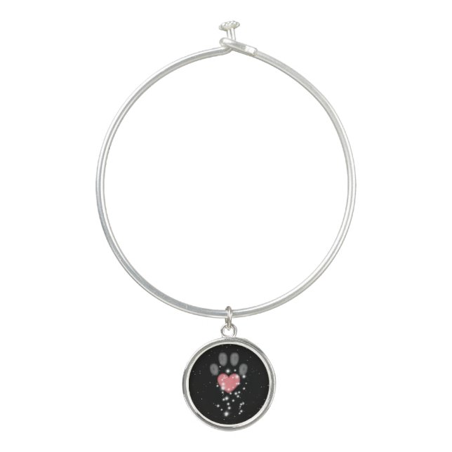 Black Starlight Pink Heart Paw Print Dog Bangle Bracelet (Front)