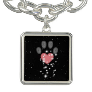 Black Starlight Pink Heart Paw Print Dog Bracelet