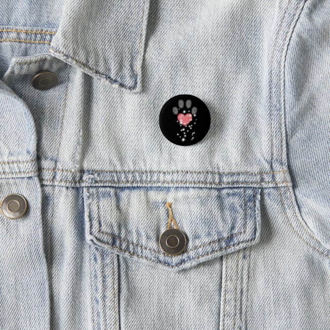 Black Starlight Pink Heart Paw Print Dog Button (In Situ)
