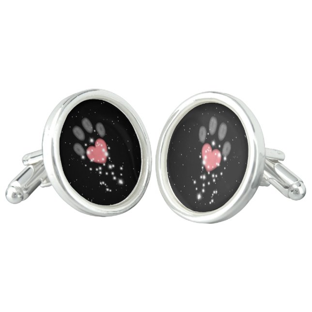 Black Starlight Pink Heart Paw Print Dog Cufflinks (Angled)