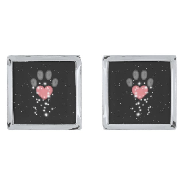 Black Starlight Pink Heart Paw Print Dog Cufflinks (Front)