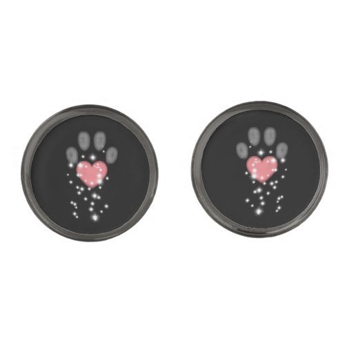 Black Starlight Pink Heart Paw Print Dog Cufflinks