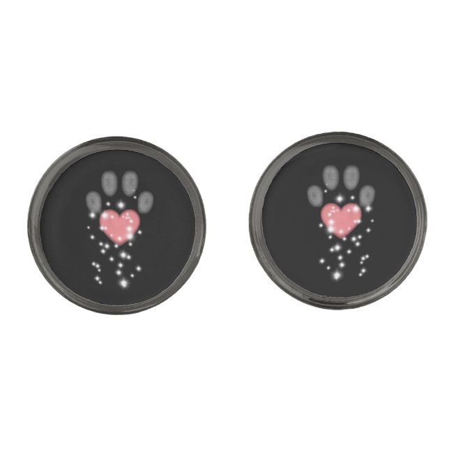 Black Starlight Pink Heart Paw Print Dog Cufflinks (Front)