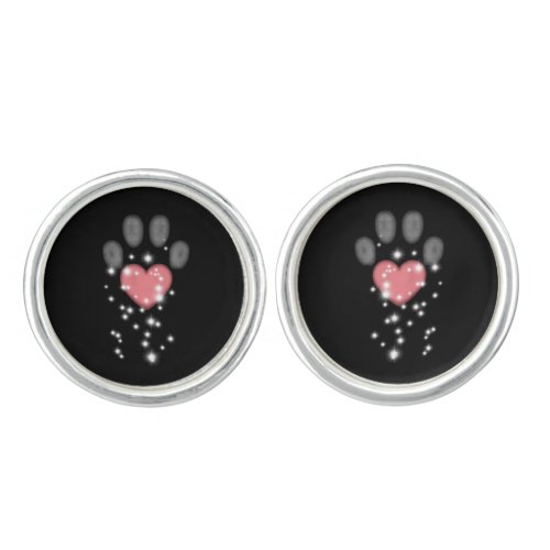 Black Starlight Pink Heart Paw Print Dog Cufflinks