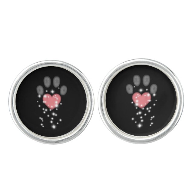 Black Starlight Pink Heart Paw Print Dog Cufflinks (Front)