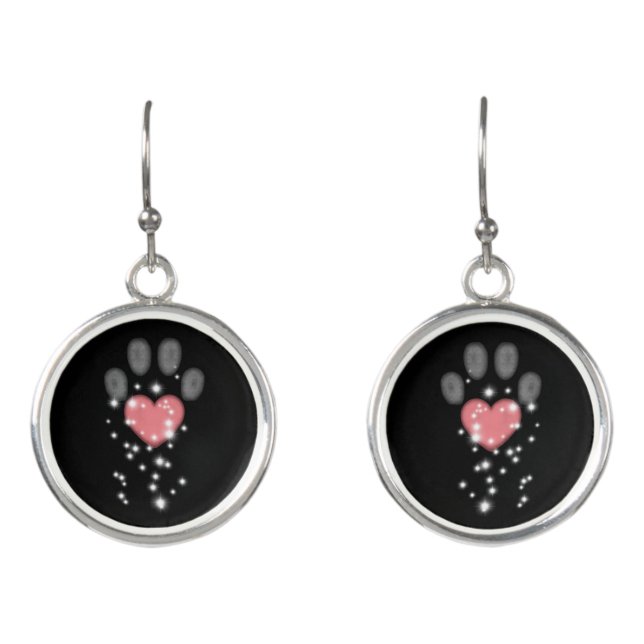 Black Starlight Pink Heart Paw Print Dog Earrings (Front)