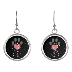 Black Starlight Pink Heart Paw Print Dog Earrings