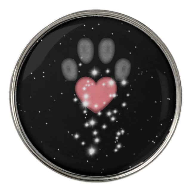 Black Starlight Pink Heart Paw Print Dog Golf Ball Marker (Front)