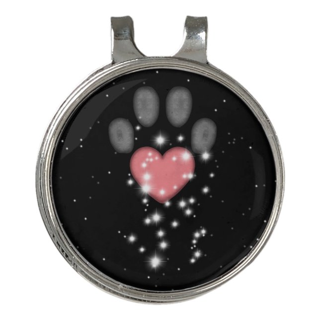 Black Starlight Pink Heart Paw Print Dog Golf Hat Clip (Front)