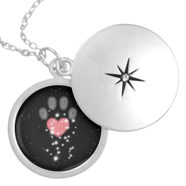 Black Starlight Pink Heart Paw Print Dog Locket Necklace (Front)