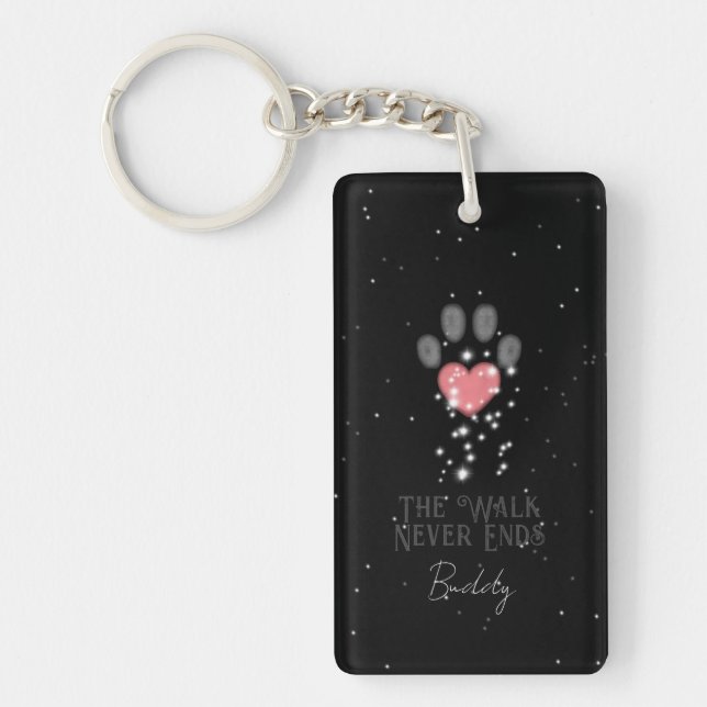 Black Starlight Pink Heart Paw Print Dog Memorial Keychain (Front)
