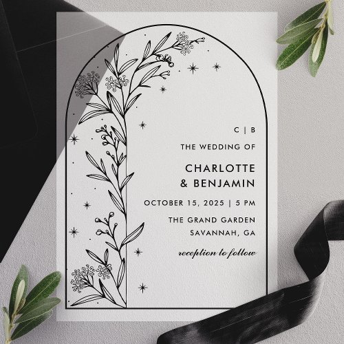 Black Starry Celestial Arch Botanical Wedding Vellum Invitations