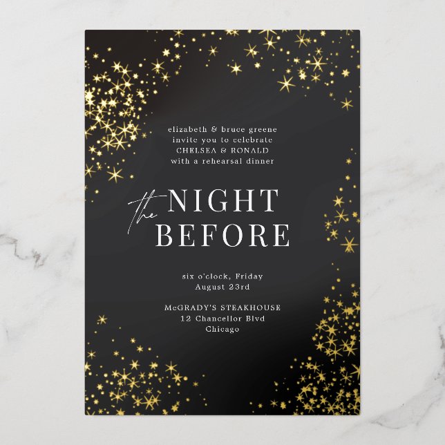 Black Starry Night Before Wedding Rehearsal Dinner Foil Invitation (Front)