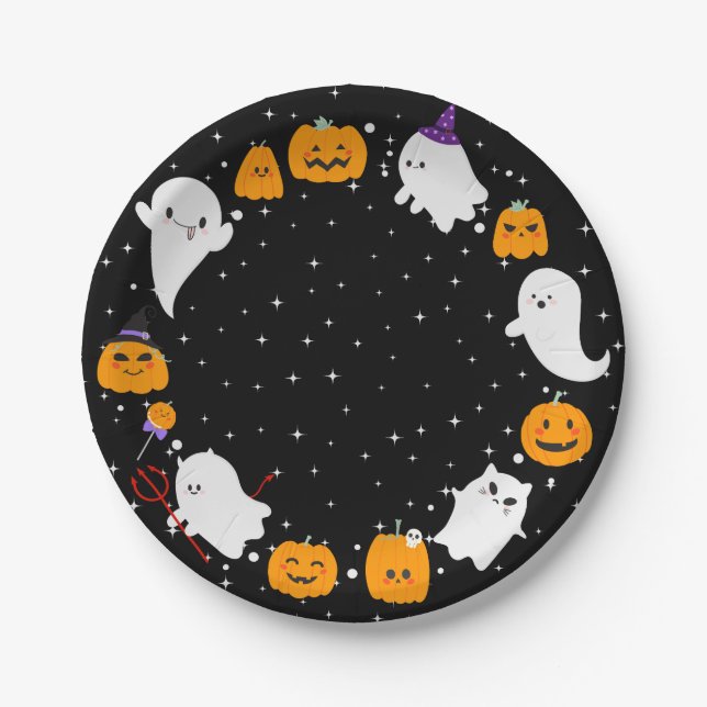 Black Starry Night with Ghosts Halloween  Paper Plates (Front)