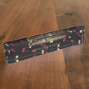 Black stars glitter golden red confetti starry shi desk name plate