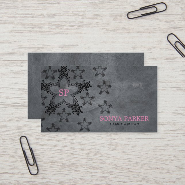 Black Stars Gray Background Business Card (Front/Back In Situ)