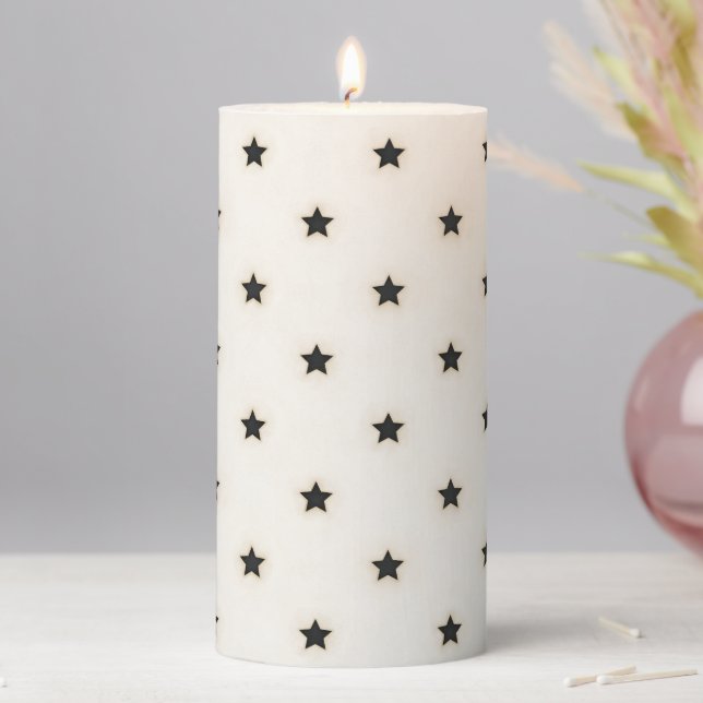 Black Stars on Distressed White Medium Pillar Candle (In Situ)