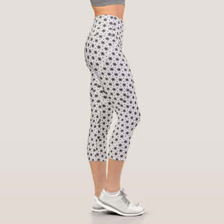 Black Stars on White Geometric Pattern Capri Leggings