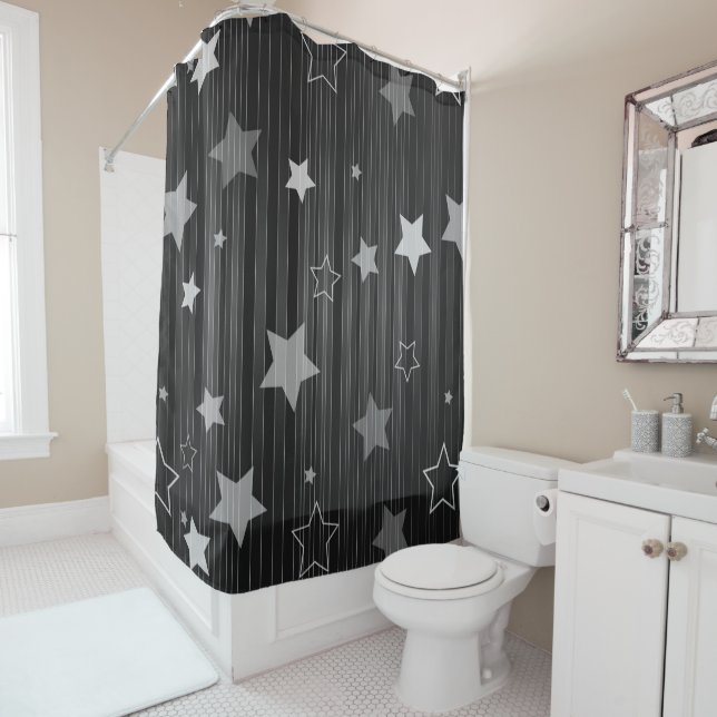 Black Stars Pattern Shower Curtain (In Situ)