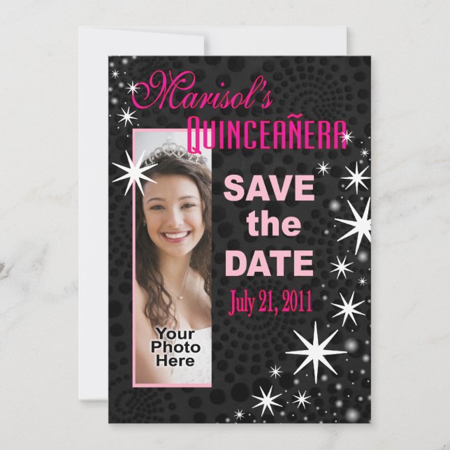 Black Stars Quinceañera Photo Party Save The Date (Front)
