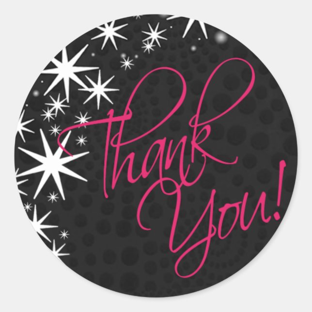 Black Stars Quinceañera Thank You (black/fuschia) Classic Round Sticker (Front)