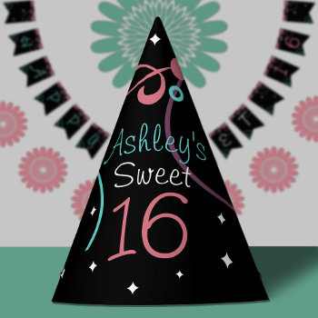 Black Stars & Swirls Sweet 16 Birthday Party Hat by macdesigns1 at Zazzle