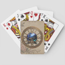 Black steampunk swan with clocks and gears.  poker cards