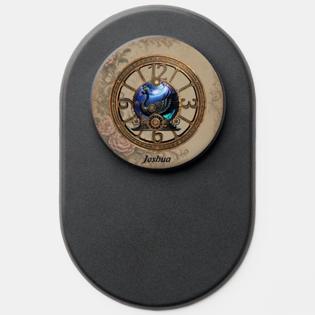 Black steampunk swan with clocks and gears.  PopSocket (Popsocket)