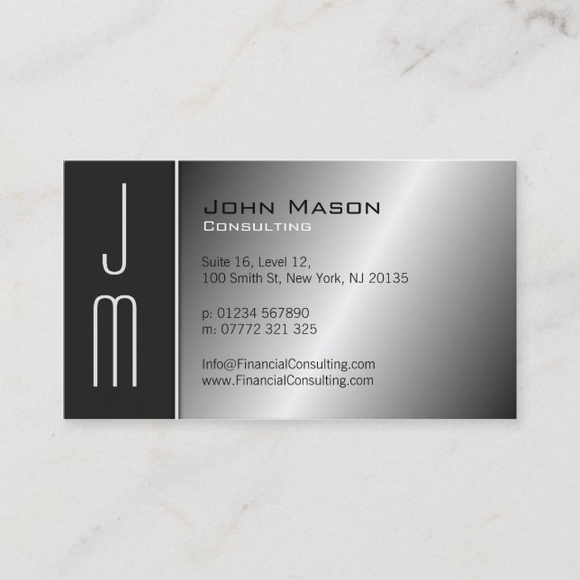 Black & Steel Monogram Professional Business Card (Front)