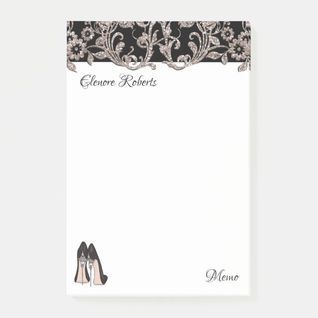 Black stiletto & floral swirls post-it notes (Front)
