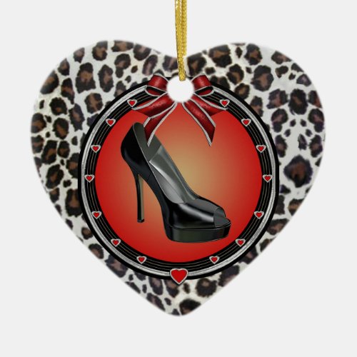Black Stiletto Leopard Print Heart Ornament