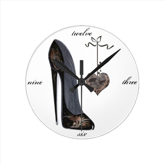 Black Stiletto Shoe and Heart Art Round Clock | Zazzle.com