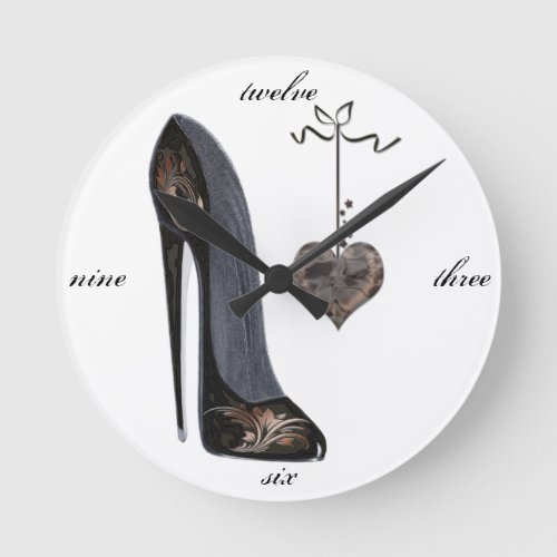 Black Stiletto Shoe and Heart Art Round Clock