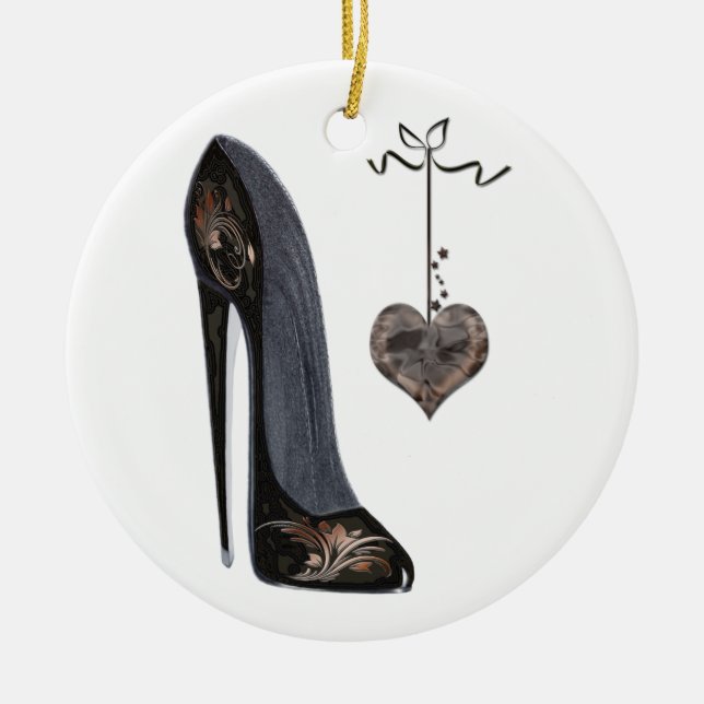 Black Stiletto Shoe and Heart Ceramic Ornament (Front)