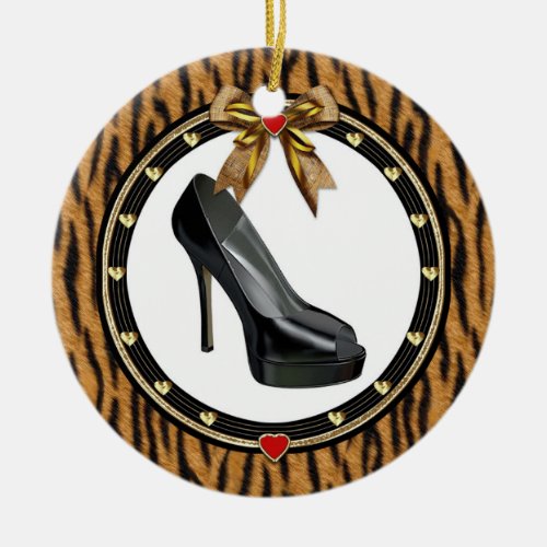 Black Stiletto Shoe Tiger Print Custom Ornament