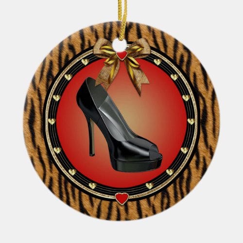 Black Stiletto Shoe Tiger Print Ornament