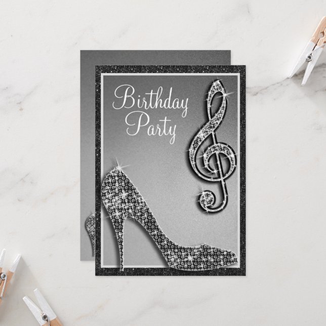Black Stiletto & Treble Clef Birthday Invitation (Front/Back In Situ)