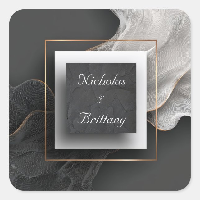 Black Stone Gold Frame Ethereal Mesh Wedding Square Sticker (Front)