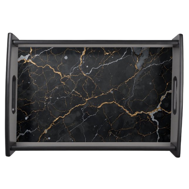 Black Stone with Gold & Silver Veins Serving Tray (Front)