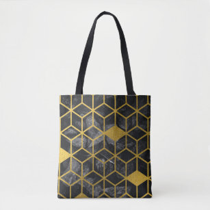 Black Stones Gradient Gold Geometric Cubes Pattern Tote Bag