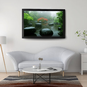Black Stones in Rainy Zen Garden with Flowers Poster