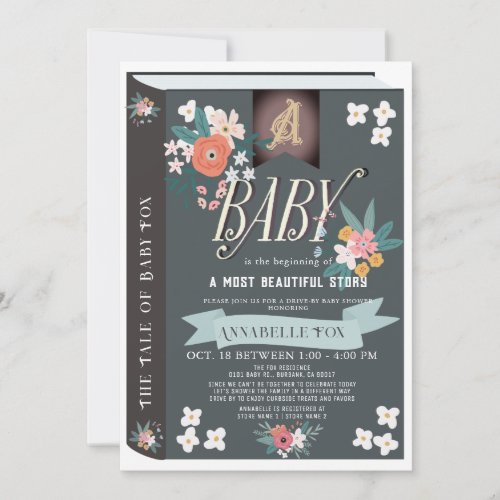 Black Storybook Floral Girl Drive_by Baby Shower Invitation