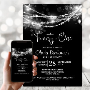 Black String Lights 21st Birthday Party Invitation