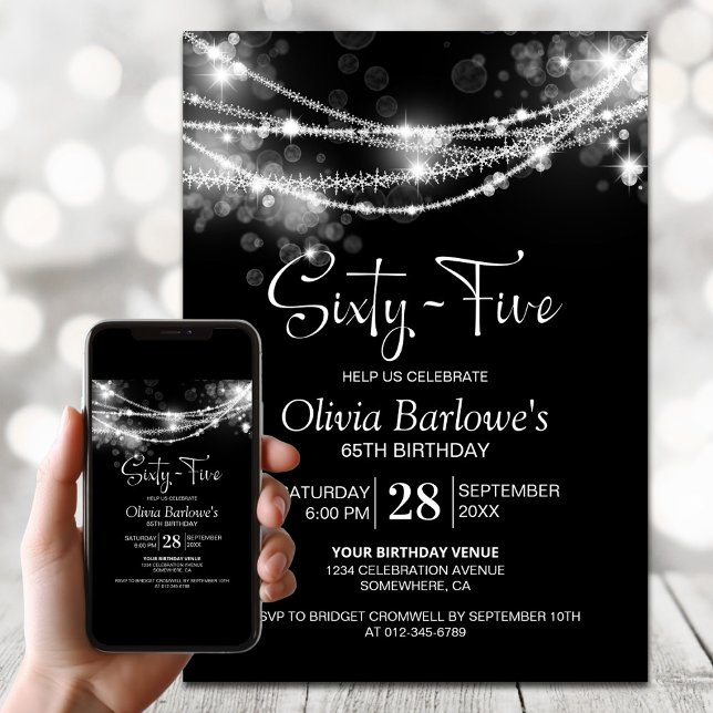 Black String Lights 65th Birthday Party Invitation (Creator Uploaded)