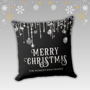 Black String Lights Christmas Throw Pillow