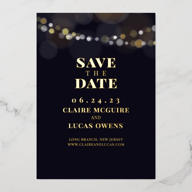 Black String Lights Foil Save the Date Invitation (Front)