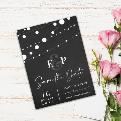 Black String Lights Monogram Wedding Save The Date Postcard